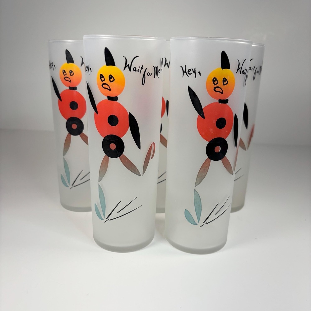 Vintage Federal HEY WAIT FOR ME Frosted Tall Tom Collins Zombie Glasses 4